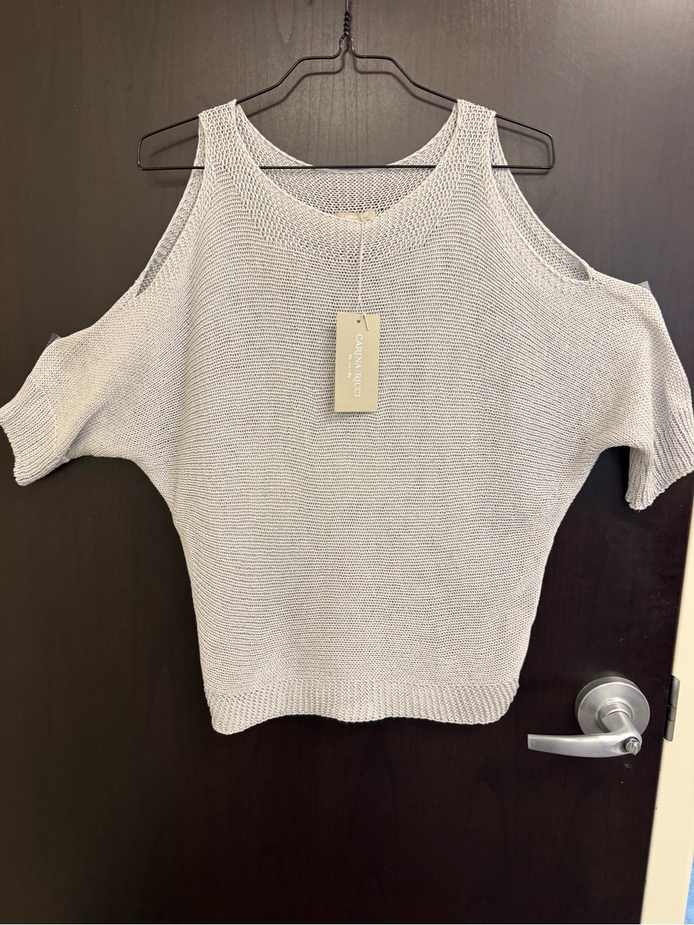 Carina Ricci Open Knit Cold-Shoulder Top - Light Gray Large